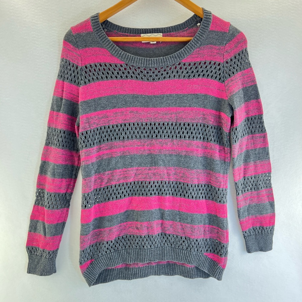 Pink Rose Sweater Womens L Gray Pink Stripe Open Knit Y2K Pullover Long Slv